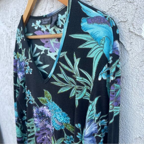 Y2K Floral Sequin Beaded V-Neck Top SZ L Boho Glam Fairycore Whimsygoth Cottage - Picture 3 of 7